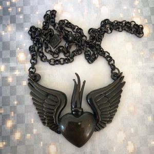 Antique Brass Winged Sacred Heart Necklace Tattoo Flash rocker